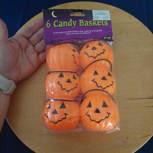 NIP 6 Halloween Orange Pumpkin Blow Mold Candy Treat Pails Baskets Fun World